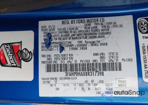 2011 Ford Fusion Se z USA, uszkodzony, nr VIN 3FAHP0HAXBR317398